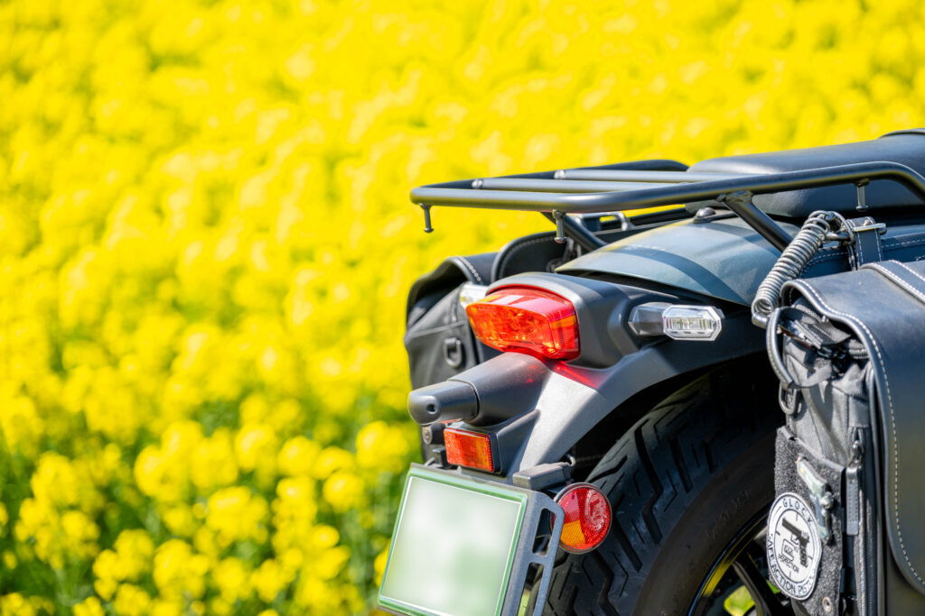 カワサキ エリミネーター400SEのリアビュー。テールランプの赤、サイドバッグの黒、
菜の花の黄色という3色構成のリア接写。