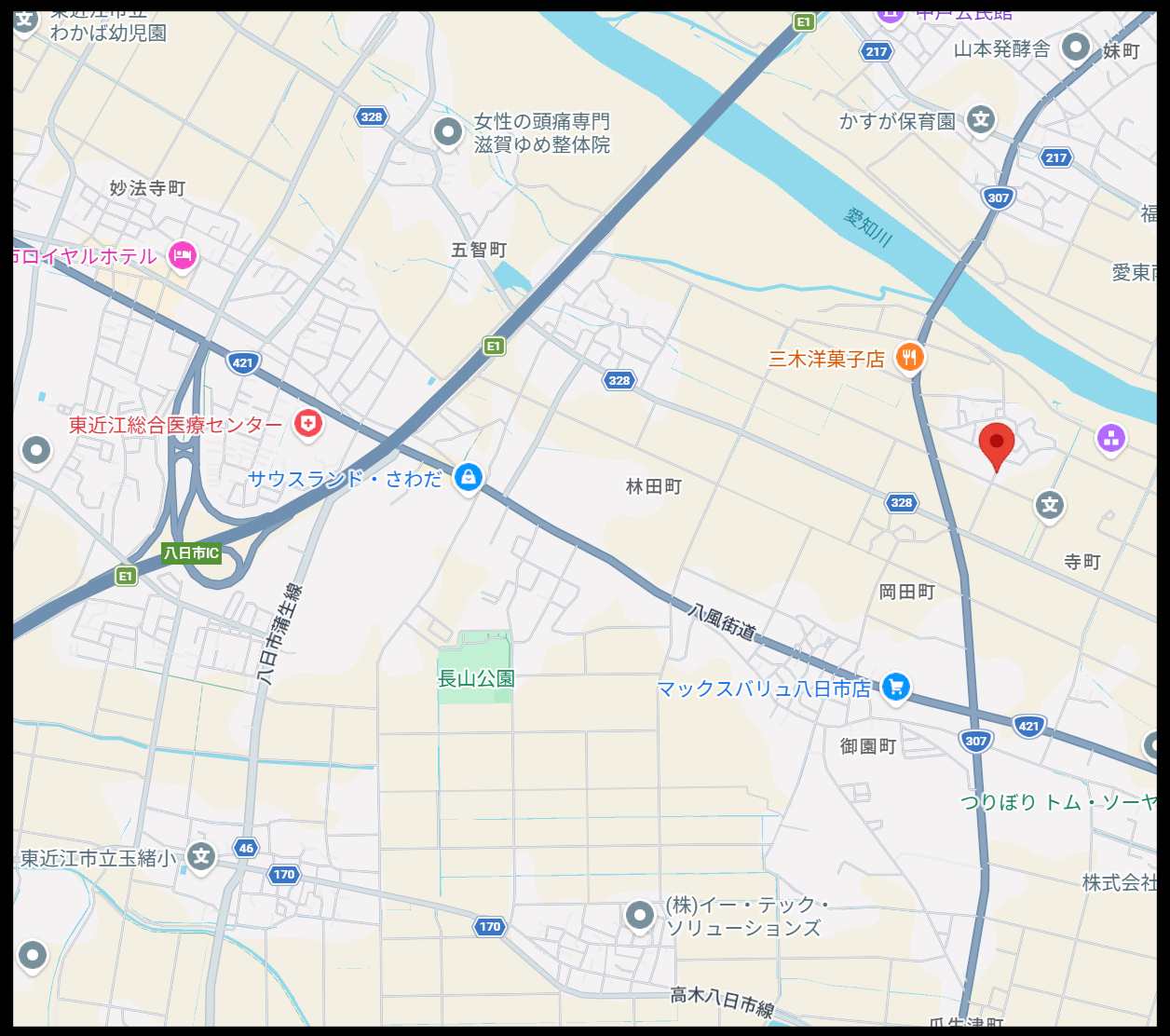 滋賀県東近江市内の菜の花エコプロジェクト撮影地周辺の広域地図。
河川と市街地、撮影地点を示す赤いピンが表示されている。