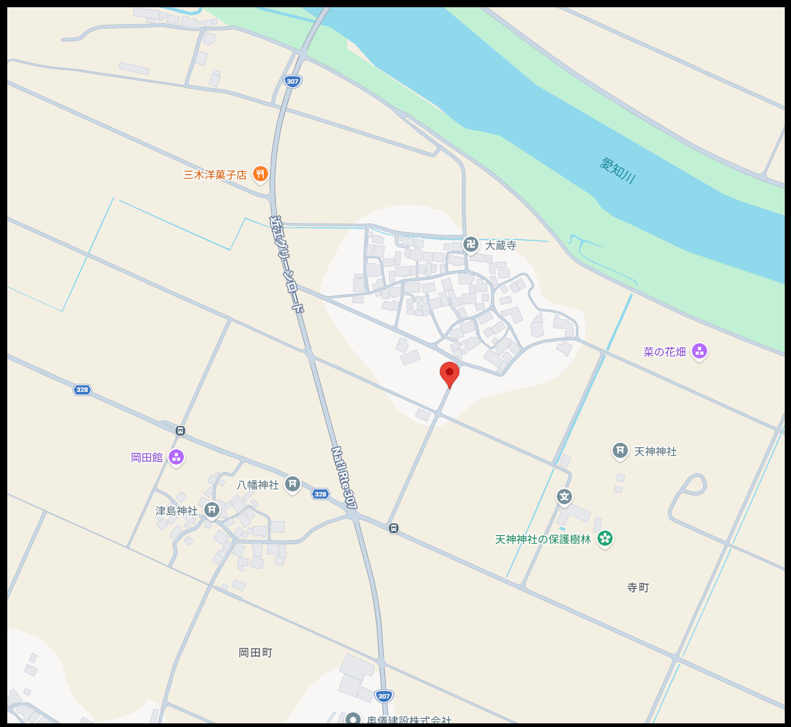 滋賀県東近江市内の菜の花エコプロジェクト撮影地の拡大地図。
名神高速道路と周辺道路、撮影地点を示す赤いピンが表示されている。