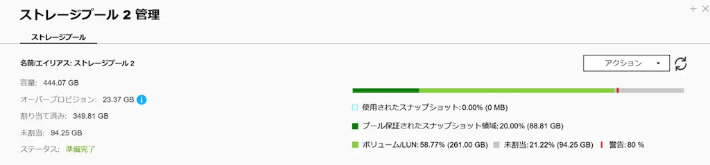 QNAP TS-464 スナップショット予約領域変更前｜SSD_HBSで20%予約された状態